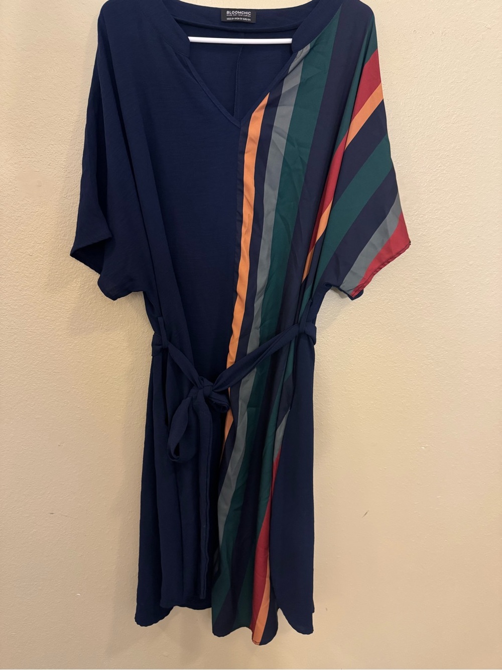 BloomChic Navy Midi Dress with Multicolor Stripes
